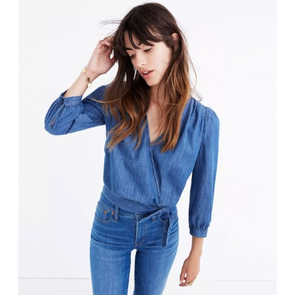 Madewell Tops - Madewell blue denim wrap cropped v-neck shirt
